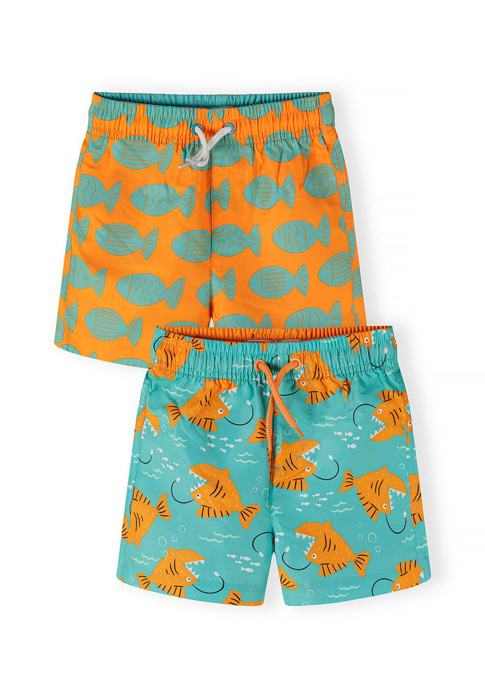 2-pack boys swim shorts in orange and turquoise with fish prints, front view.