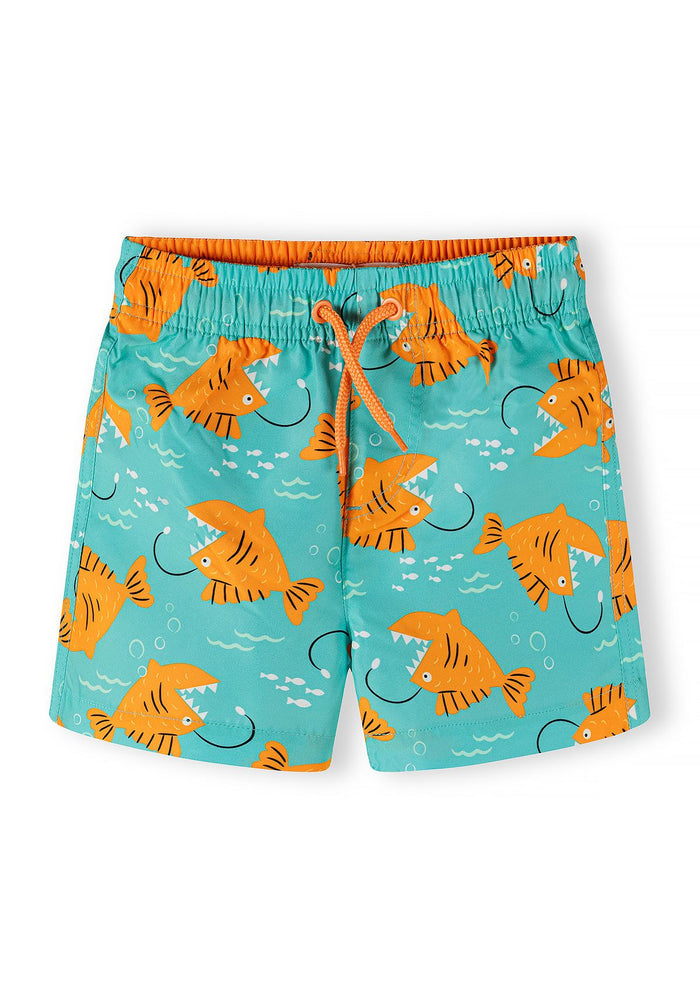 Boys swim shorts in turquoise with orange fish prints, front view, elasticated waistband.