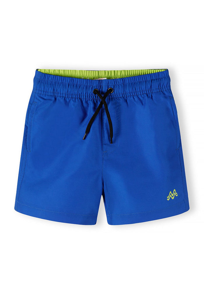 Boys swimming shorts in blue with elasticated waist and drawstring, front view.