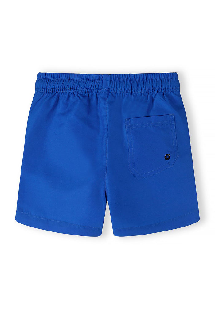 Boys swimming shorts in blue, back view with elasticated waist and pocket.