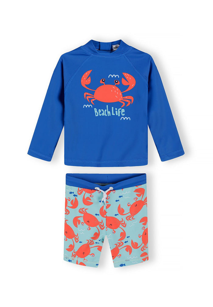Boys rash vest set with blue crab print, long-sleeved top and mid-length shorts, adjustable waistband.