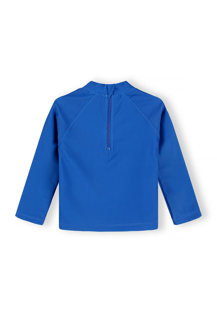 Boys long-sleeved hooded rash vest in blue, back view with zip fastening.