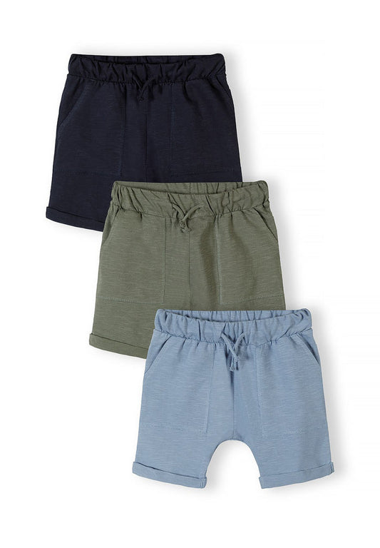 Boys cotton jersey shorts in black, green, and blue, front view with adjustable waistband and side pockets.