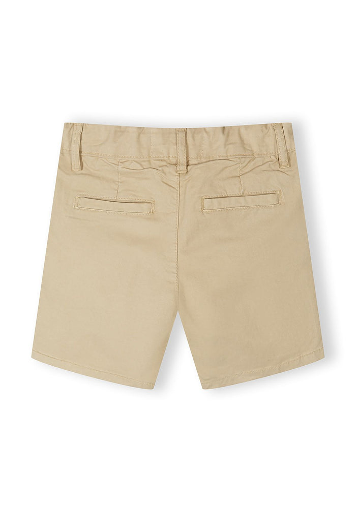 Boys chino shorts in stone, back view with two rear pockets.