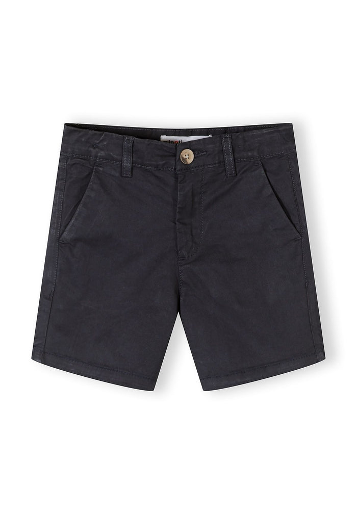 Boys navy chino shorts, front view, featuring button and zip fly, two side pockets.
