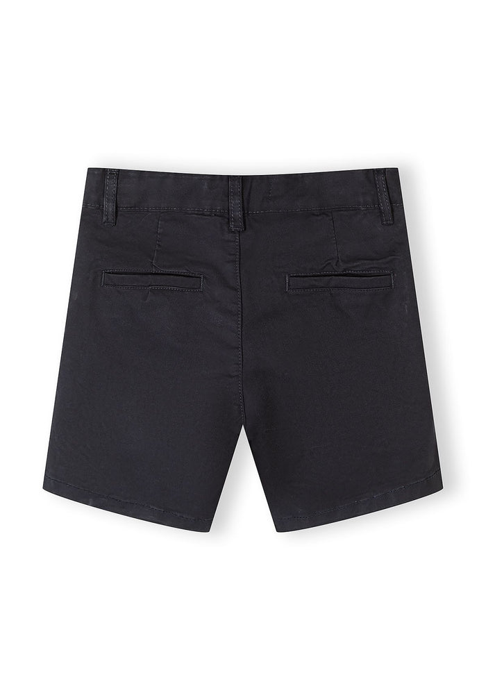 Back view of navy boys stretch cotton chino shorts with two back pockets.