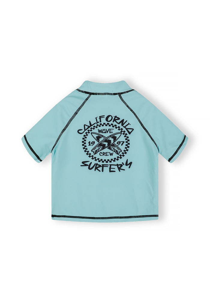 Boys turquoise rash vest with black graphic, back view.