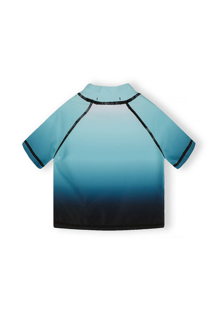 Boys turquoise and black ombre rash vest, back view, short sleeves, collarless.