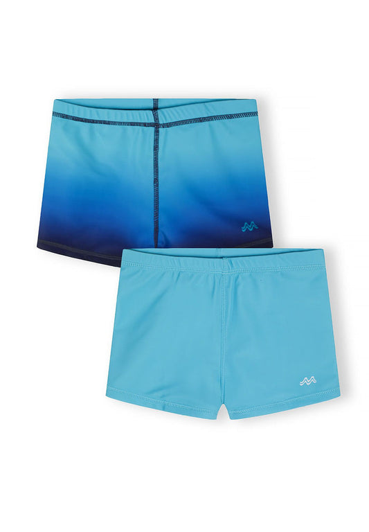 Boys swim shorts in turquoise and ombre blue, front view, featuring elasticated waistband.