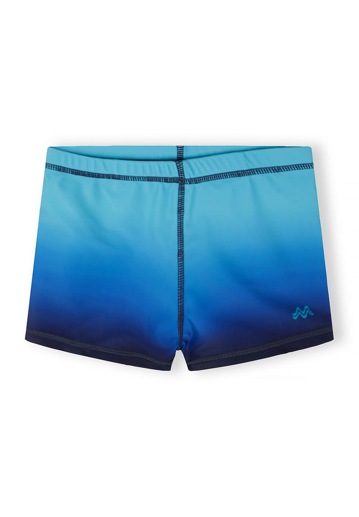 Boys swim shorts in turquoise and ombre blue, front view with elasticated waistband.