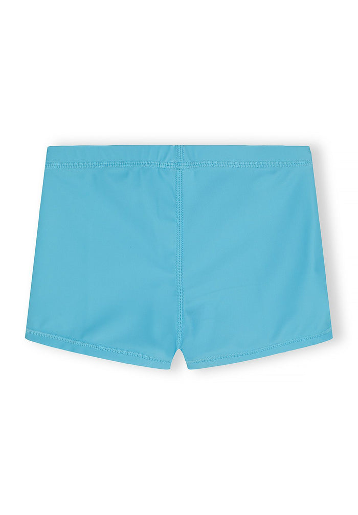Boys swim shorts in turquoise, back view with elasticated waistband.
