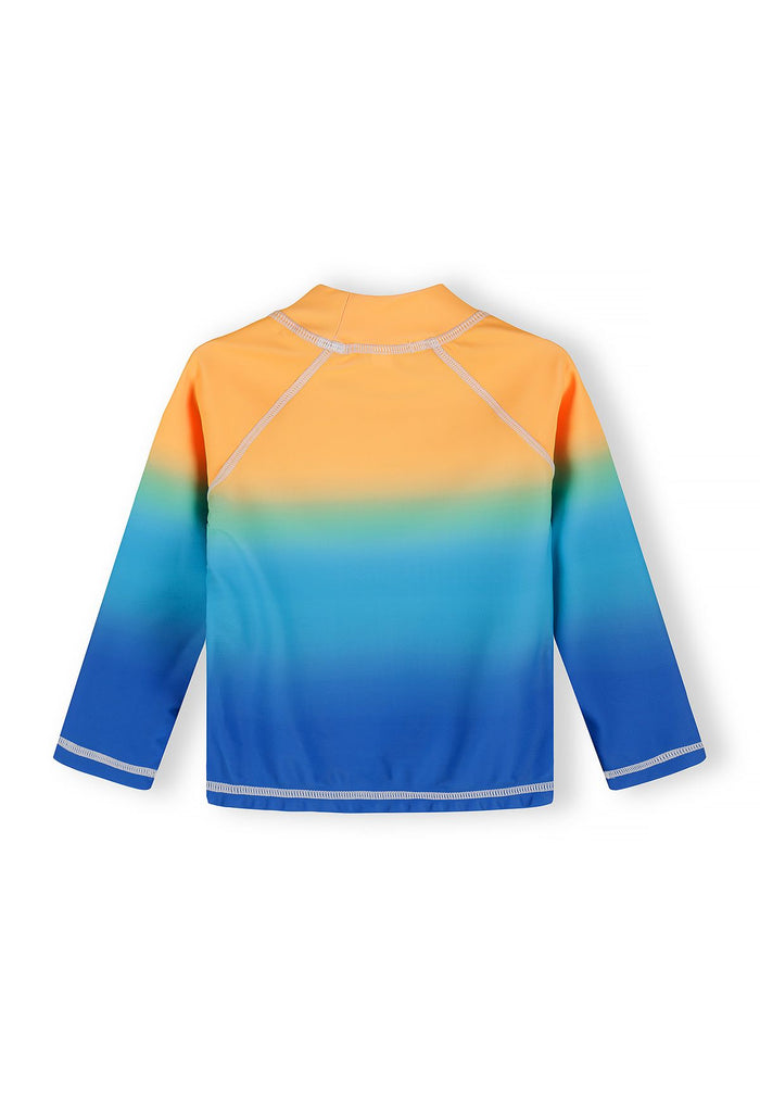 Boys long sleeve rash vest in ombre orange and turquoise, back view with stand collar.