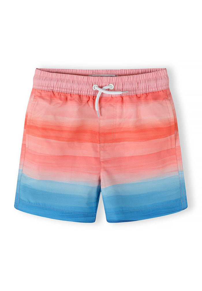 Boys' quick-drying swimming shorts in pink and blue gradient, front view with elastic waistband.