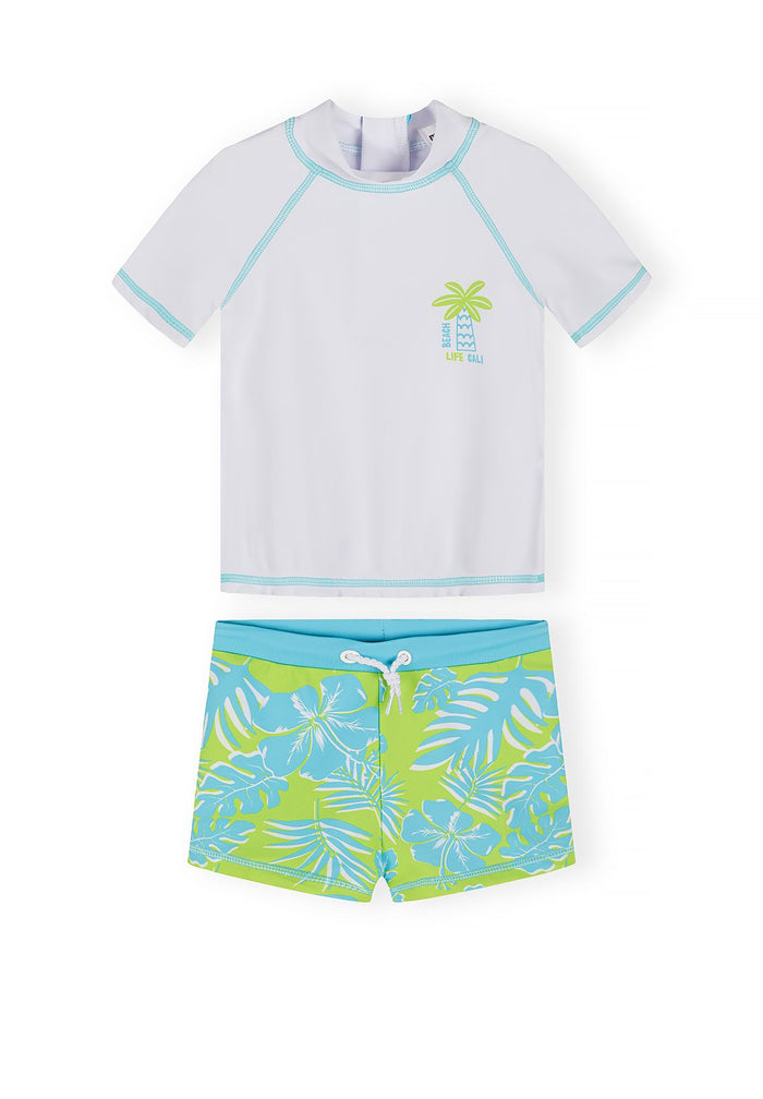 Boys rash set with short sleeve t-shirt and matching shorts, featuring a palm tree logo.