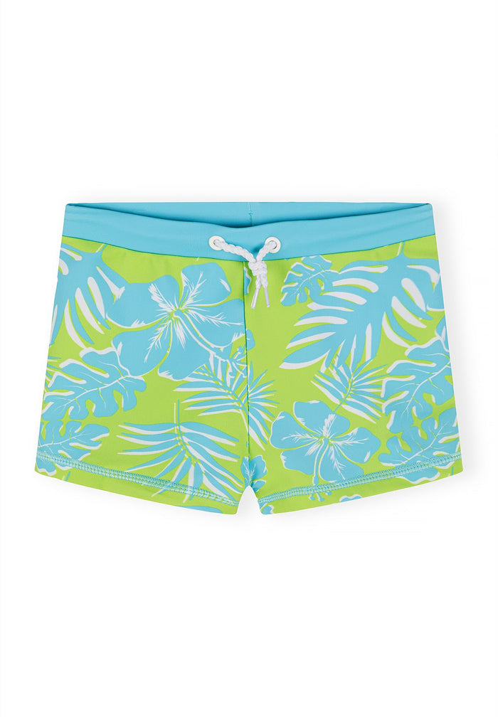 Boys swim shorts in lime green with blue tropical print, front view.
