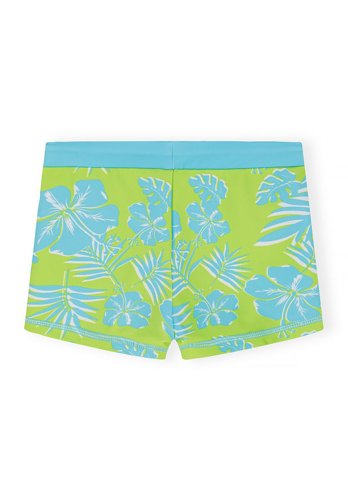 Detail of boys swim shorts in lime green with blue floral pattern and elastic waistband.