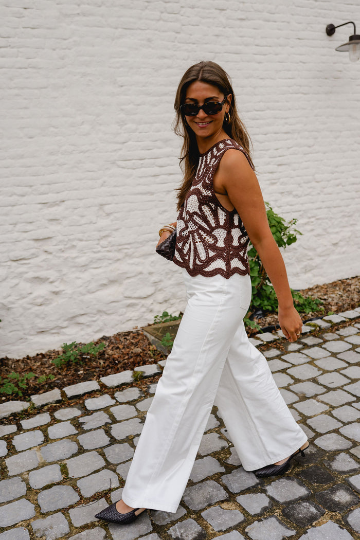 Brown ecru floral crochet top, three quarter view