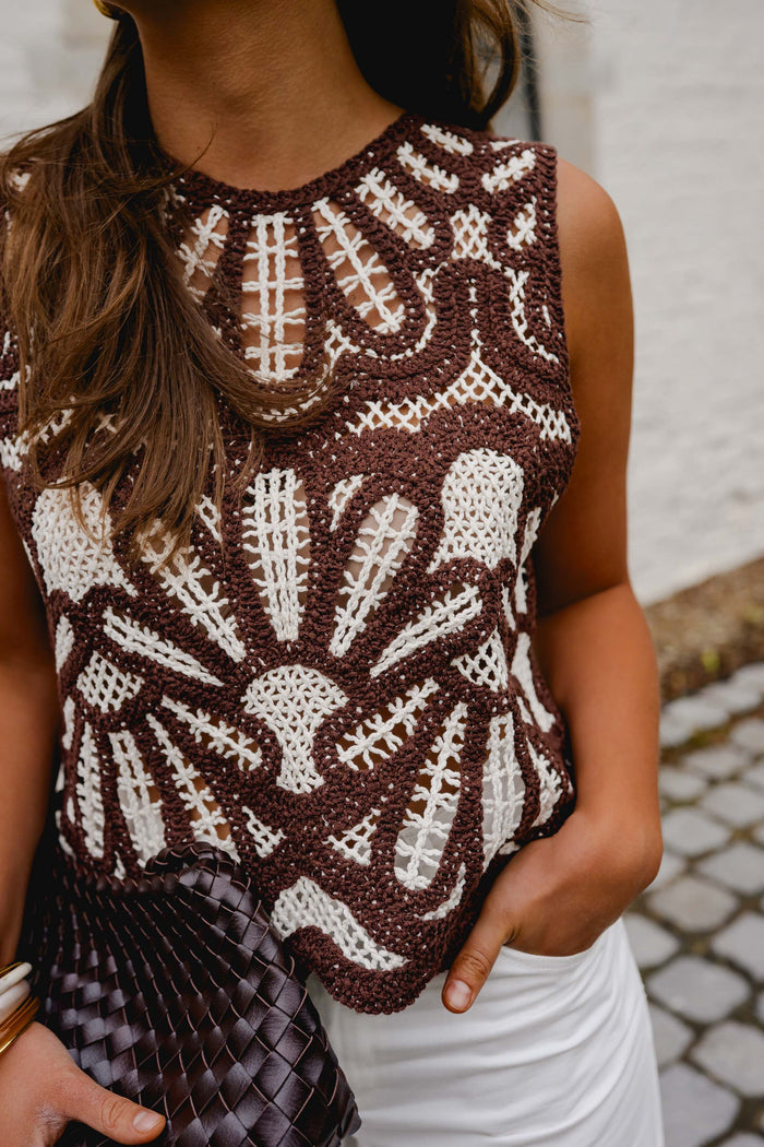 Brown and ecru crochet Zoe top back view