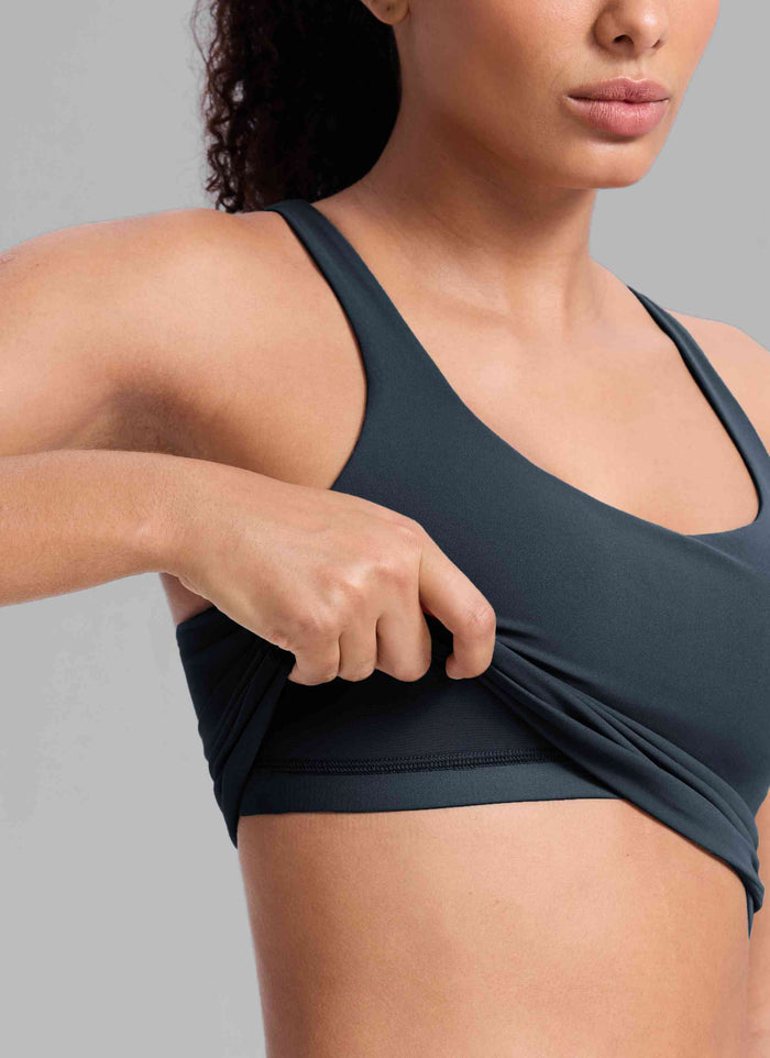 CRZ YOGA Women's Butterlift Workout V Neck Racerback Built in Bra Tank True Navy