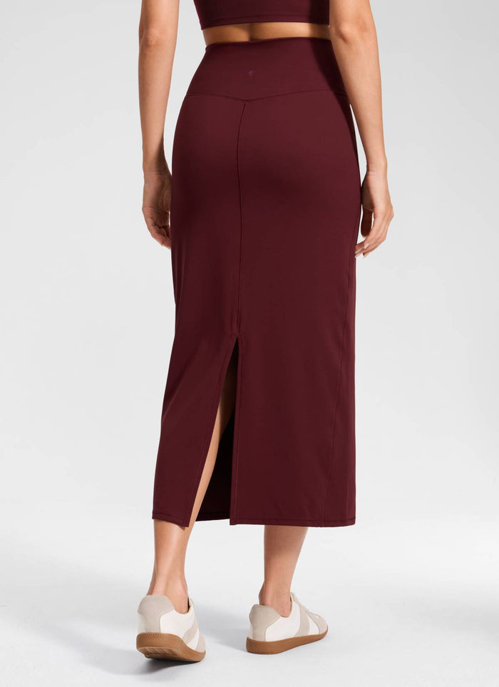 CRZ YOGA Women's Butterlift High Rise Slim Fit Maxi Pencil Skirt Red Merlot