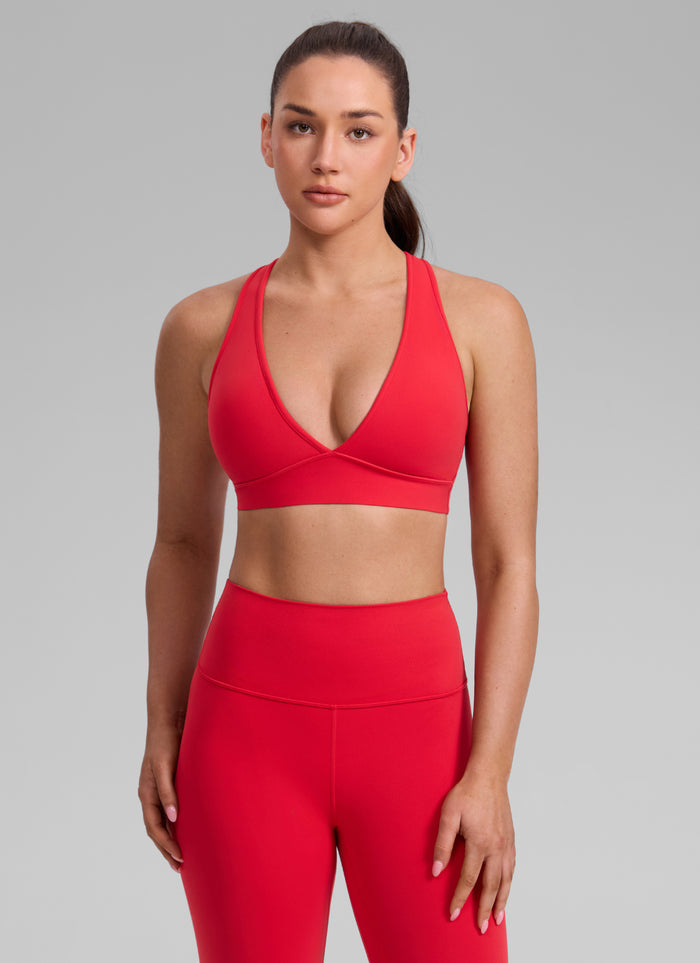 CRZ YOGA Women's Butterlift® Workout Deep V Neck Cross Back Sports Bra Aurora Red