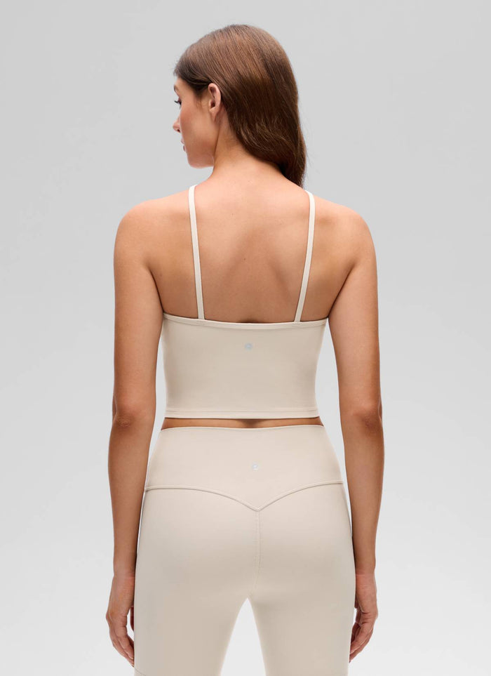 CRZ YOGA Women's Butterluxe Yoga Cross Halter Crop Built in Bra Tank Mojave Tan