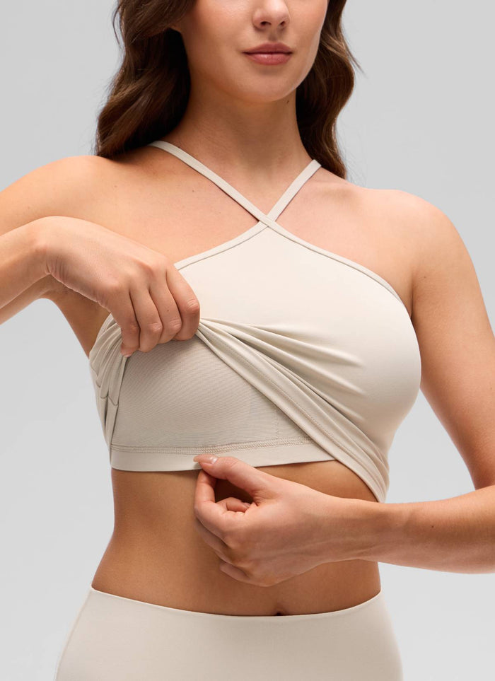 CRZ YOGA Women's Butterluxe Yoga Cross Halter Crop Built in Bra Tank Mojave Tan