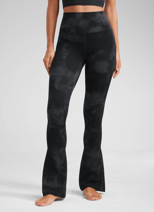 CRZ YOGA Women  Butterluxe High Waist Pockets Mini Flared Leggings 32" Black Tie Dye Flowers