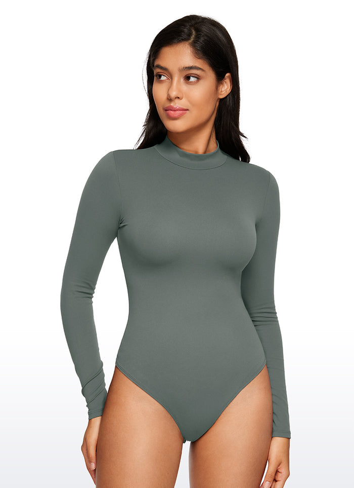 CRZ YOGA Women's Yoga Tight Fit Mock Turtleneck Long Sleeves Bodysuits Grey Sage