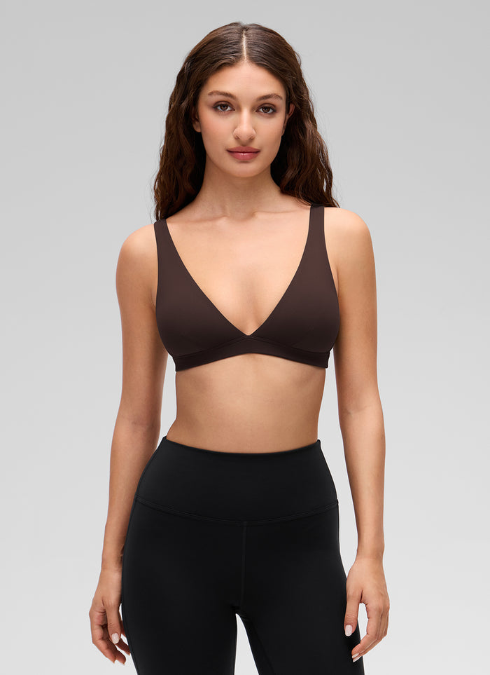 CRZ YOGA Women's Butterluxe Soft Casual V Neck Double Lined Sports Bra Hot Fudge Brown
