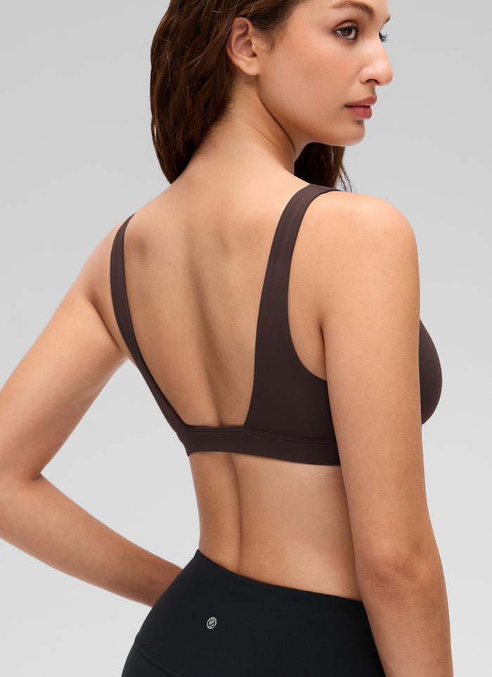 CRZ YOGA Women's Butterluxe Soft Casual V Neck Double Lined Sports Bra Hot Fudge Brown