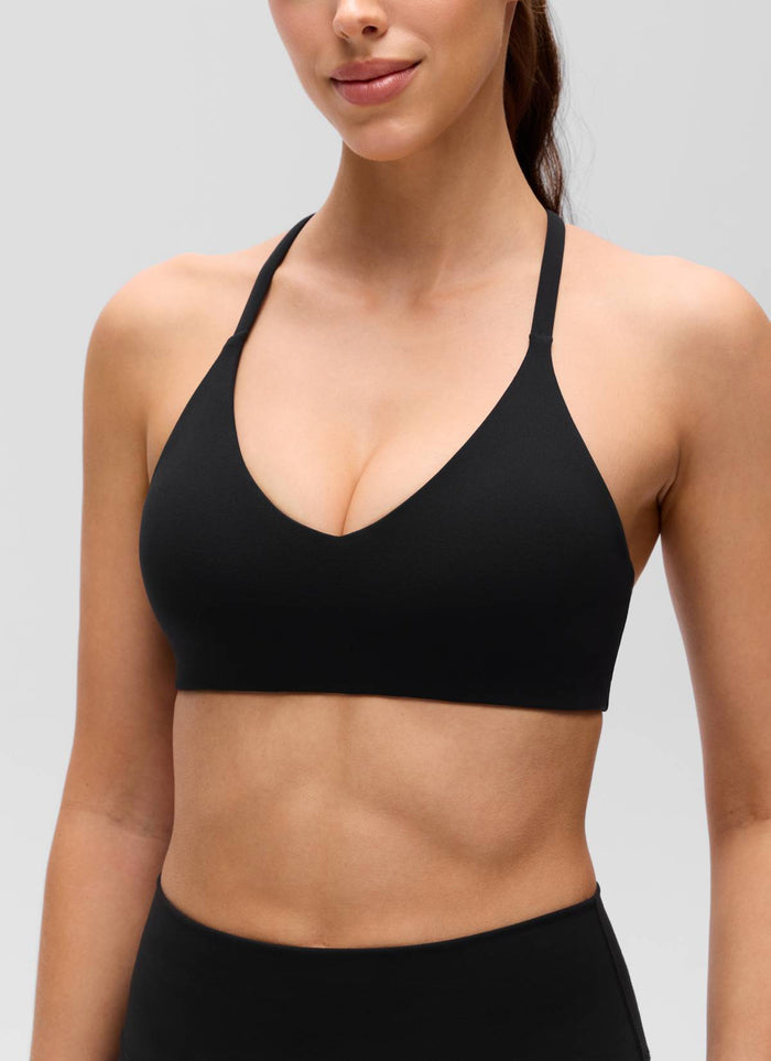 CRZ YOGA Women's Butterluxe V Neck  Racerback Thin Straps Sports Bra Black