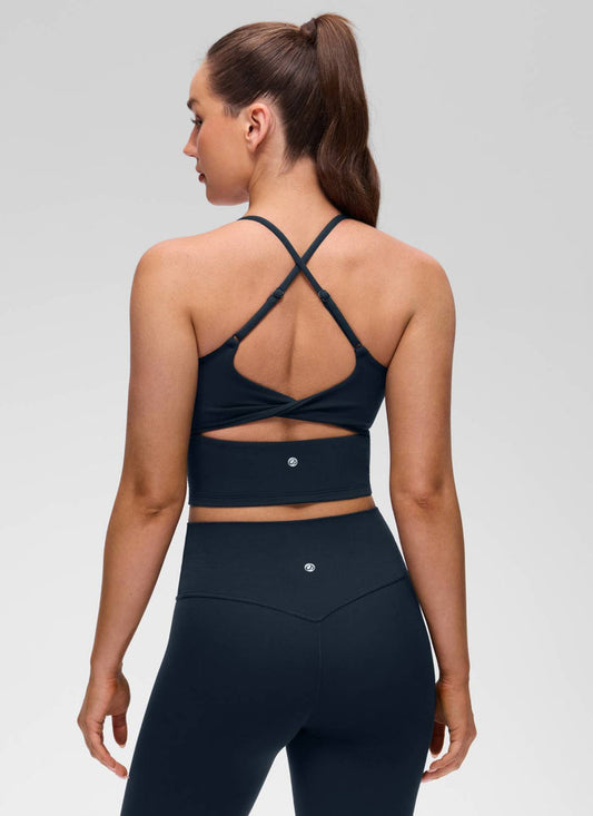 CRZ YOGA Women's Butterluxe U Neck Twist Cross Back Built in Bra Tank True Navy