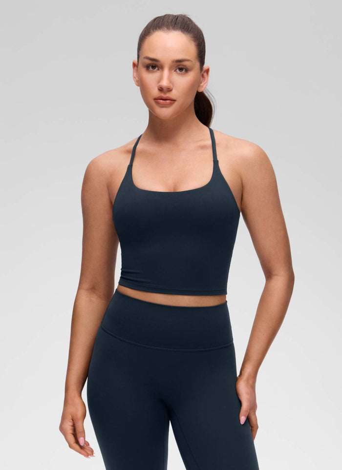 CRZ YOGA Women's Butterluxe U Neck Twist Cross Back Built in Bra Tank True Navy