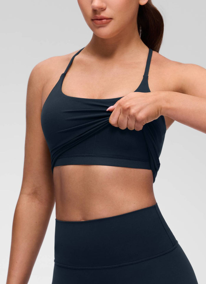 CRZ YOGA Women's Butterluxe U Neck Twist Cross Back Built in Bra Tank True Navy