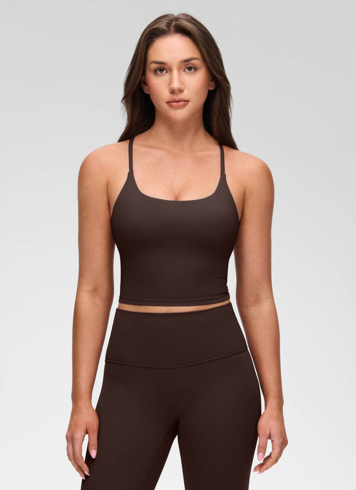 CRZ YOGA Women's Butterluxe U Neck Twist Cross Back Built in Bra Tank Hot Fudge Brown