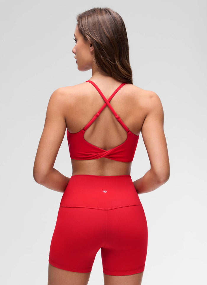 CRZ YOGA Women's Butterluxe Yoga Scoop Neck Twist Cross Back Sport Bra Aurora Red