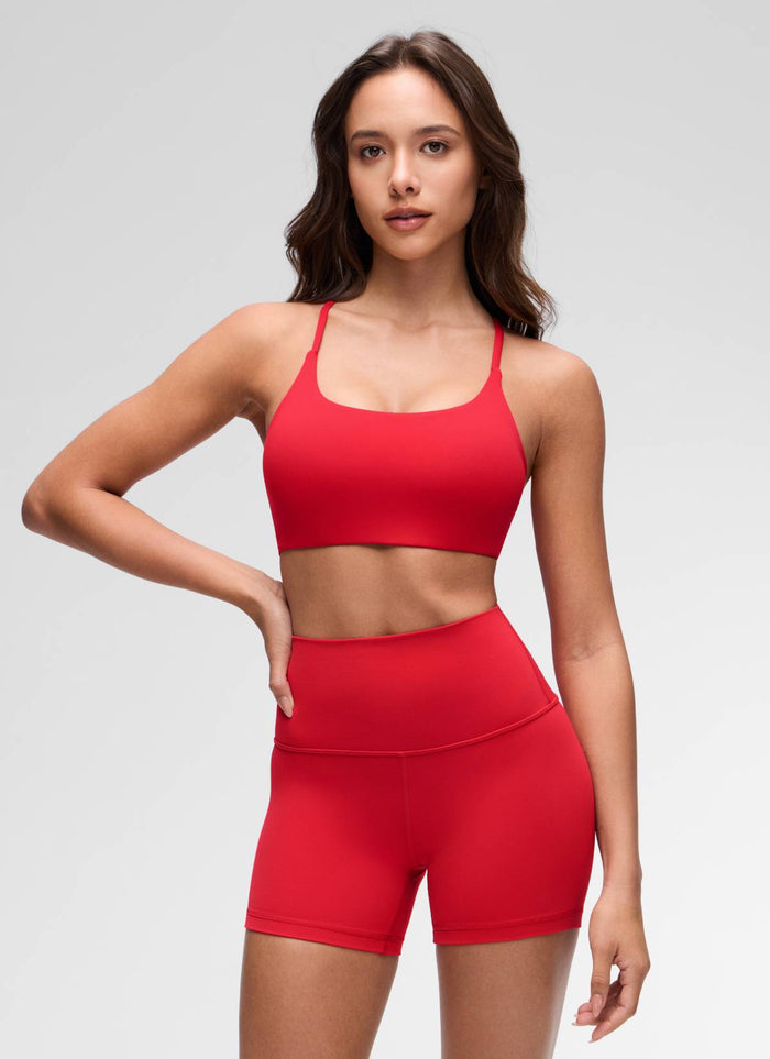 CRZ YOGA Women's Butterluxe Yoga Scoop Neck Twist Cross Back Sport Bra Aurora Red