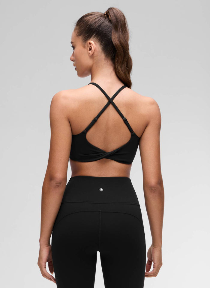 CRZ YOGA Women's Butterluxe Yoga Scoop Neck Twist Cross Back Sport Bra Black