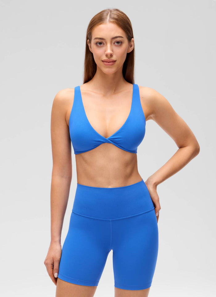 CRZ YOGA Women's Butterluxe Yoga Twist V Neck U Back Sports Bra Sparkle Blue