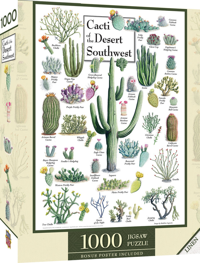Front of the Cacti of the Desert Southwest 1000 piece puzzle box with illustrated desert cacti and a 1000 label.