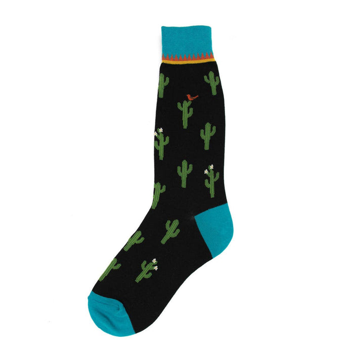 Cactus Men's Socks black background with green cactus silhouettes and turquoise toe and cuff
