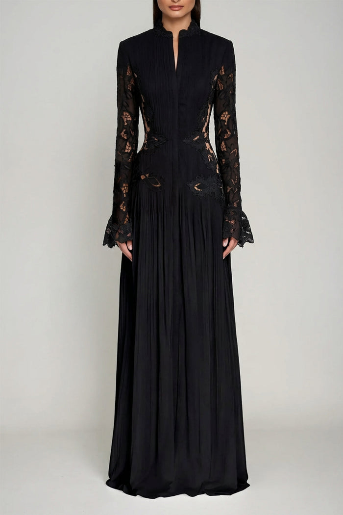 Caesarius Embroidered Ruch Lace Maxi Dress In Black