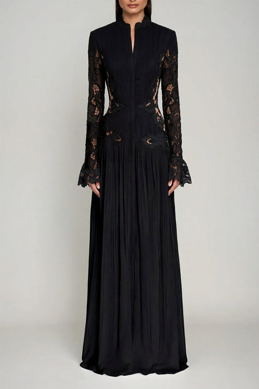 Caesarius Embroidered Ruch Lace Maxi Dress In Black