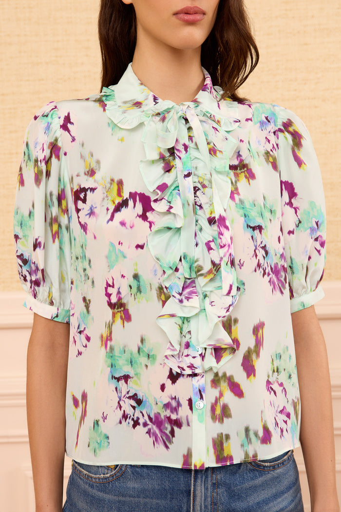 Oasis Designer Silk Floral Top - Ruffle & Necktie Detail Close-Up | Ulla Johnson
