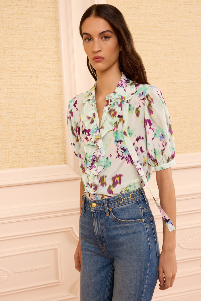 Oasis Silk Ikat Floral Blouse - Three-Quarter View On Model | Ulla Johnson