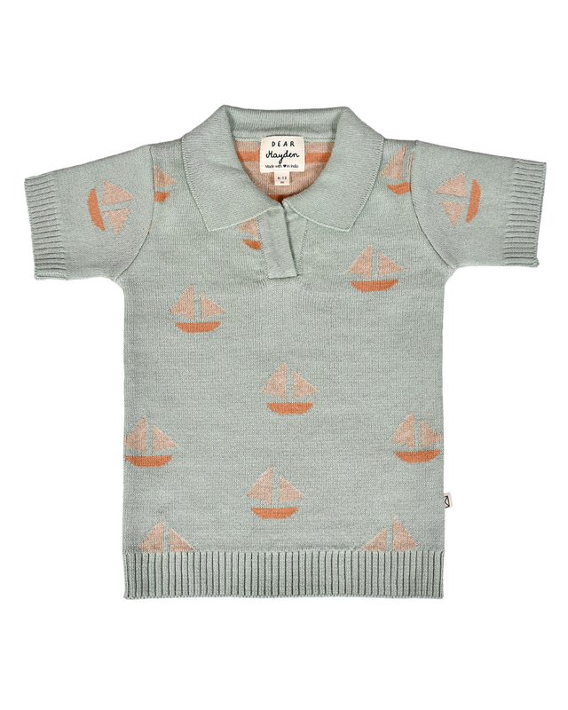 Cameron Knit Polo - Seafoam Sailboats - Wee Bee Baby Boutique