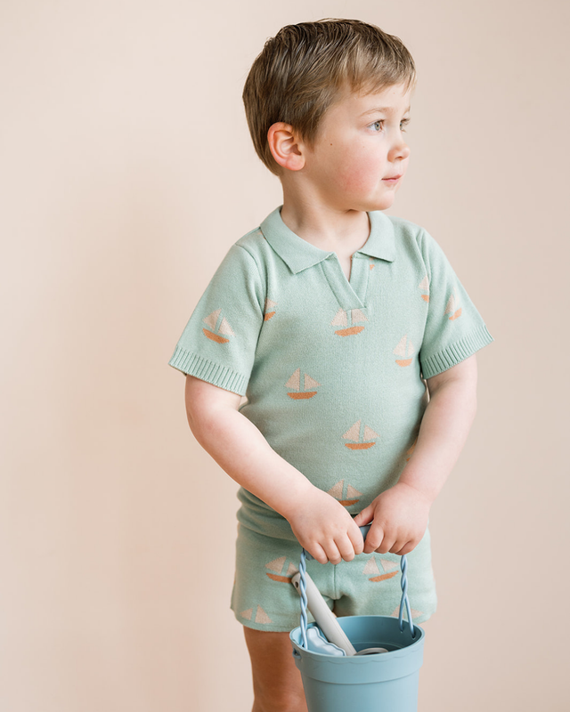 Cameron Knit Polo - Seafoam Sailboats - Wee Bee Baby Boutique