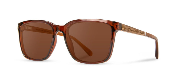 Side view of CAMP Crag Sunglasses Arches Edition with brown frame and engraved wooden temples