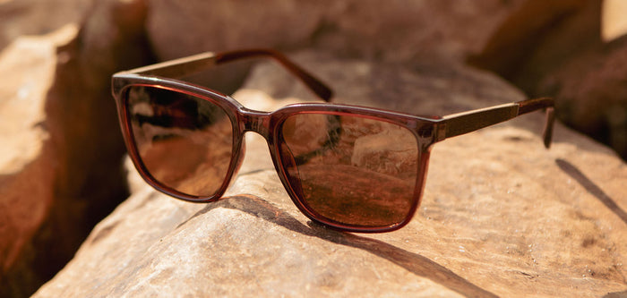 CAMP Crag Sunglasses Arches Edition brown frame resting on a sunlit rock